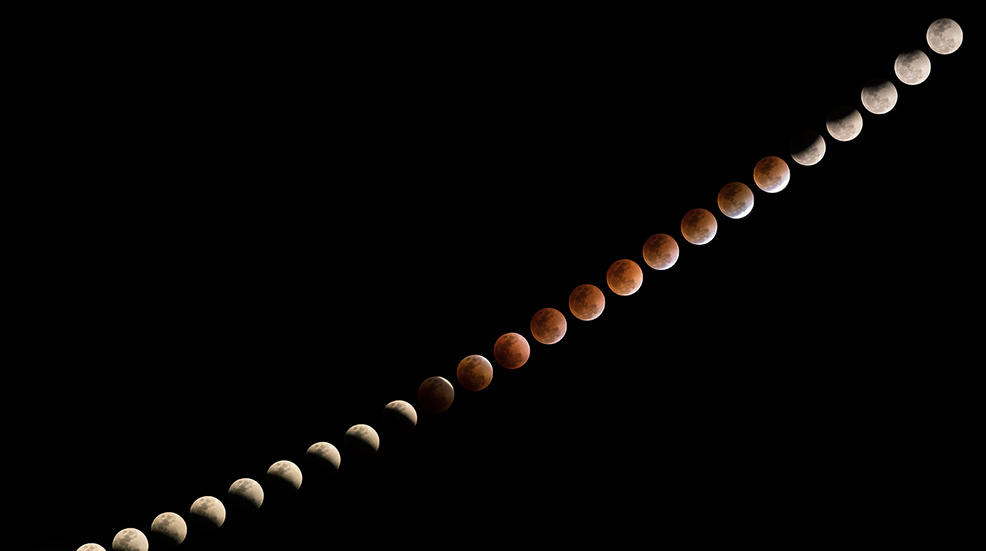 The sequence of a total lunar eclipse taken in Thailand